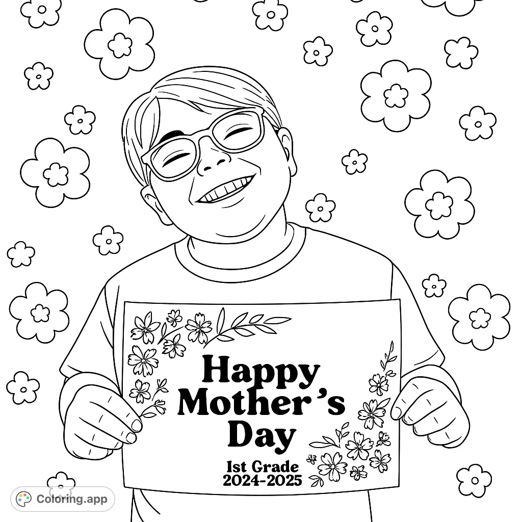 A joyful child with glasses holds a blank sign framed by flowers, ready for a personalized message. Perfect for Mother's Day or special gifts.