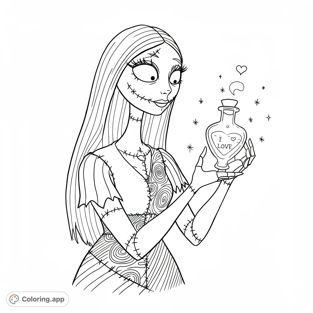 A whimsical coloring page featuring Sally from The Nightmare Before Christmas. She is holding a love potion in a glowing vial, perfect for fans of the movie.