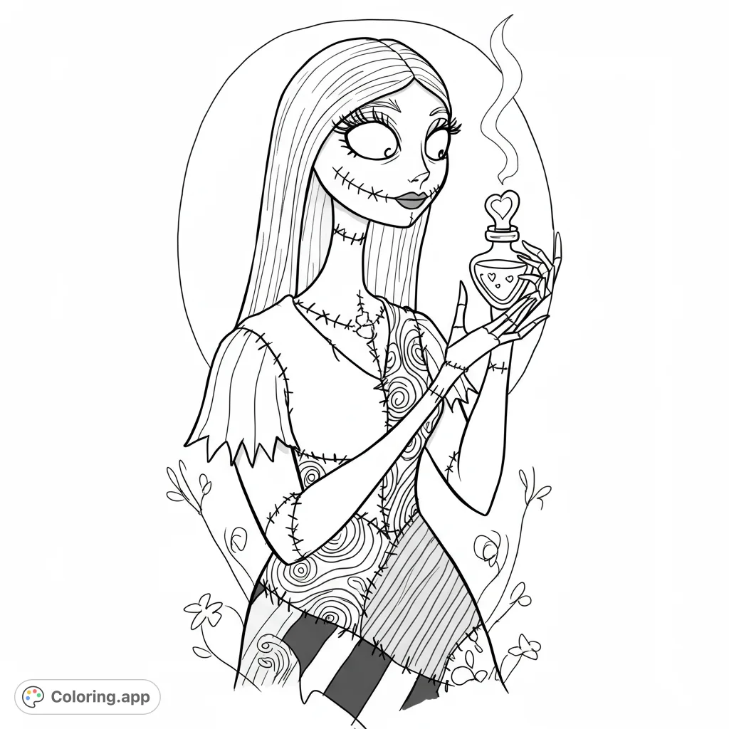 A coloring page featuring Sally from The Nightmare Before Christmas, holding a magic potion. Perfect for fans of the movie, this detailed line art is ready to color.