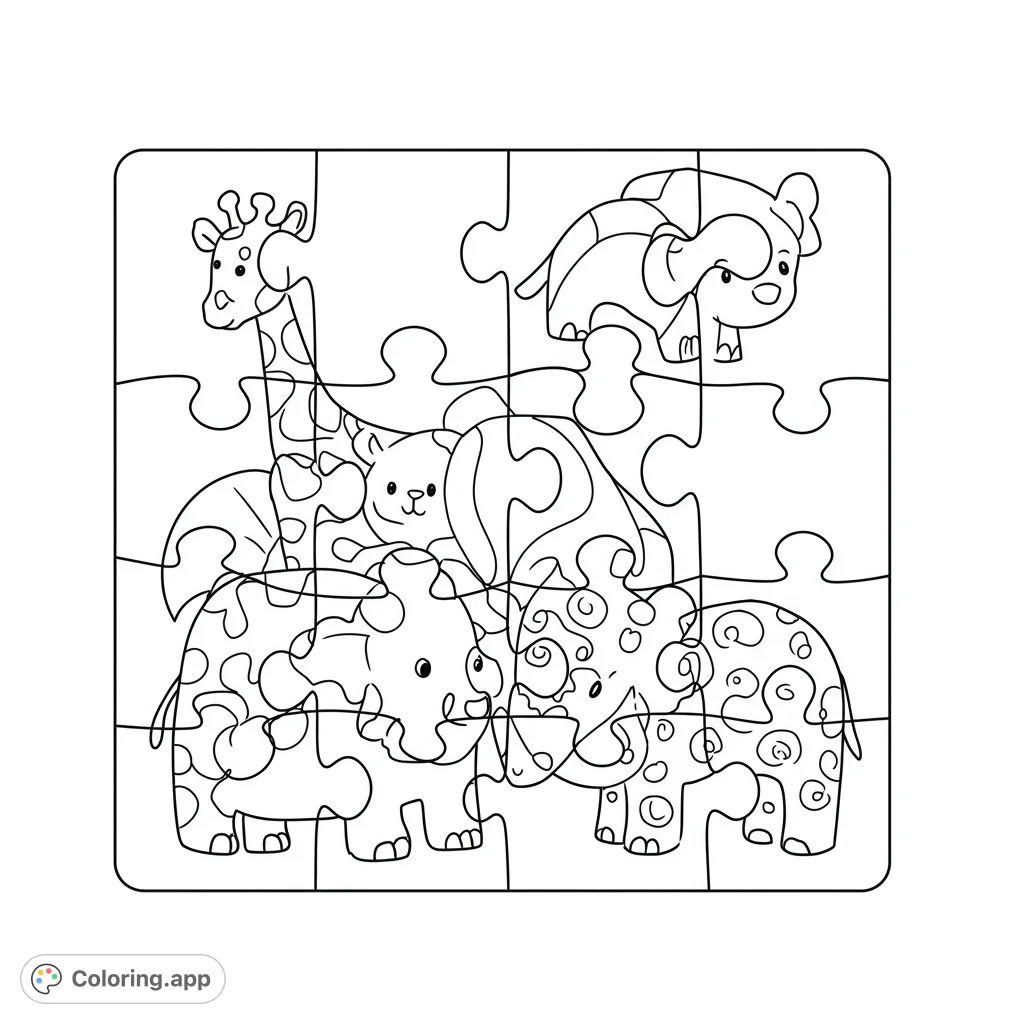 An adorable animal puzzle coloring page featuring a giraffe, bear, and two elephants/rhinos. Perfect for young artists to explore colors and shapes.
