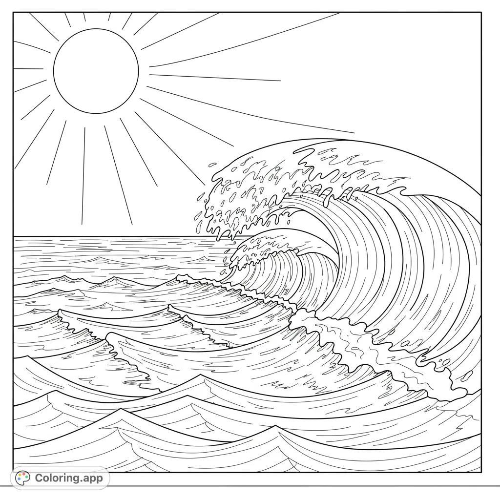 A black and white coloring page featuring a big wave in the ocean with the sun shining above. Perfect for kids and adults to enjoy and color.
