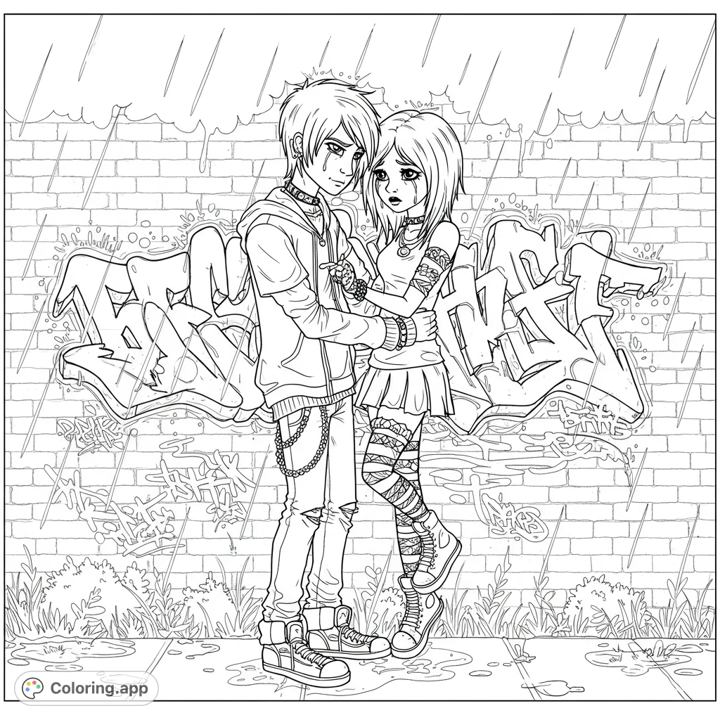 An emo couple embraces in the rain against a graffiti-covered brick wall. A detailed, free printable emo couple coloring page for teens and adults.