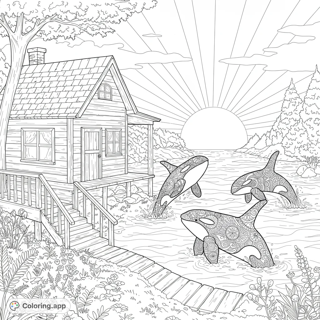 Discover a serene coastal scene with a rustic cabin and three intricately patterned orcas leaping from the water under a radiant sunrise. A free printable coloring page.
