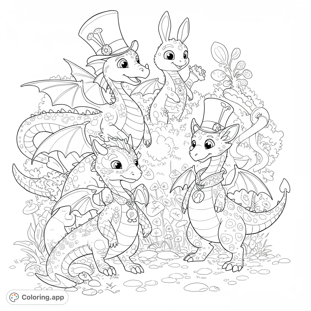 Cute dragons frolic in a whimsical Wonderland! This black and white line art features adorable, animated-style dragons with clean lines and open spaces for coloring fun.