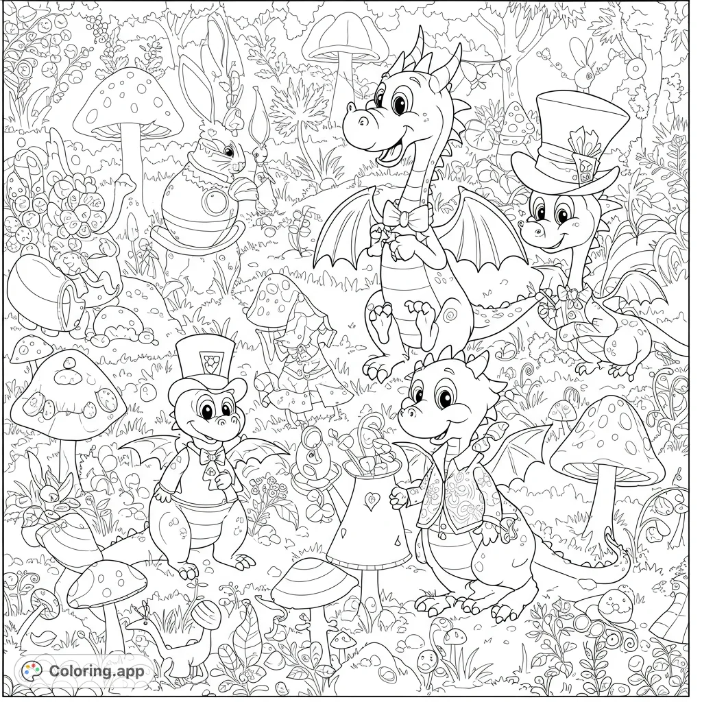 Enter a whimsical dragon forest party! Four charming dragons and forest friends await your colors amidst magical mushrooms and lush foliage.