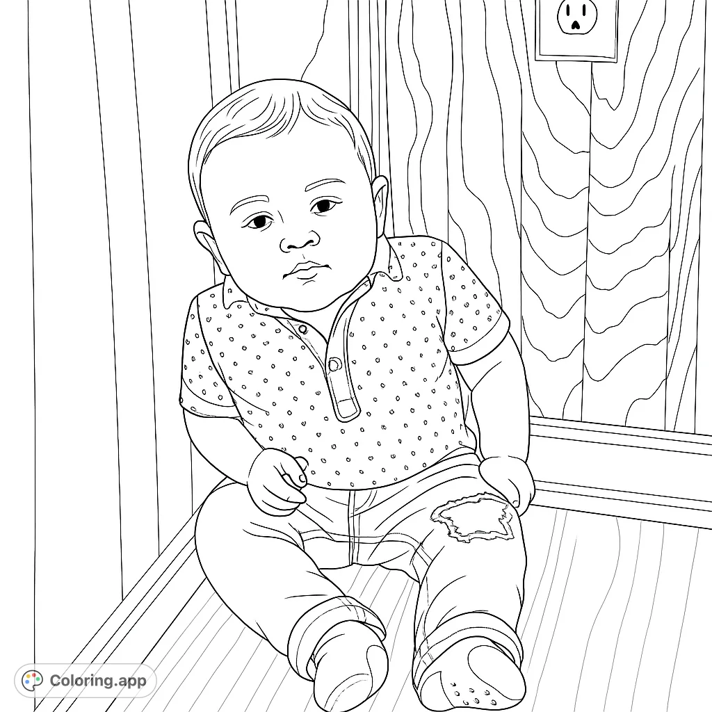 A cute baby boy with a serious expression, wearing jeans with a hole in the knee. A sweet and simple coloring activity for kids.