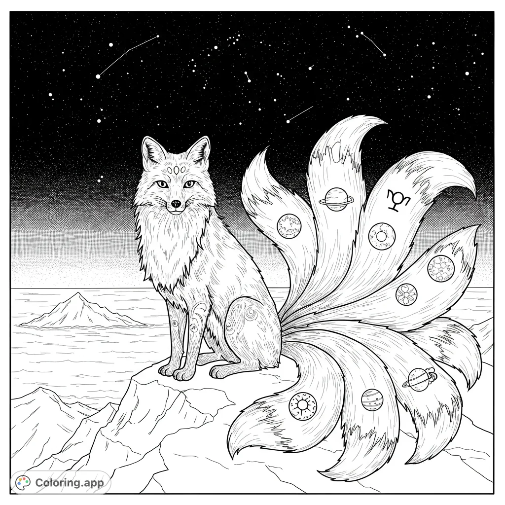 Majestic nine-tailed fox with planetary symbols on each tail, perched on a mountain overlooking the ocean under a starry night sky. Detailed line art for coloring.