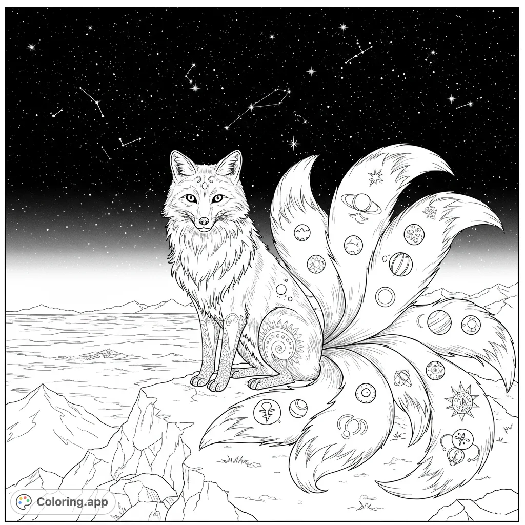 Majestic nine-tailed fox with planetary symbols on each tail, perched on a mountain overlooking the ocean under a starry night sky. Detailed line art for coloring.