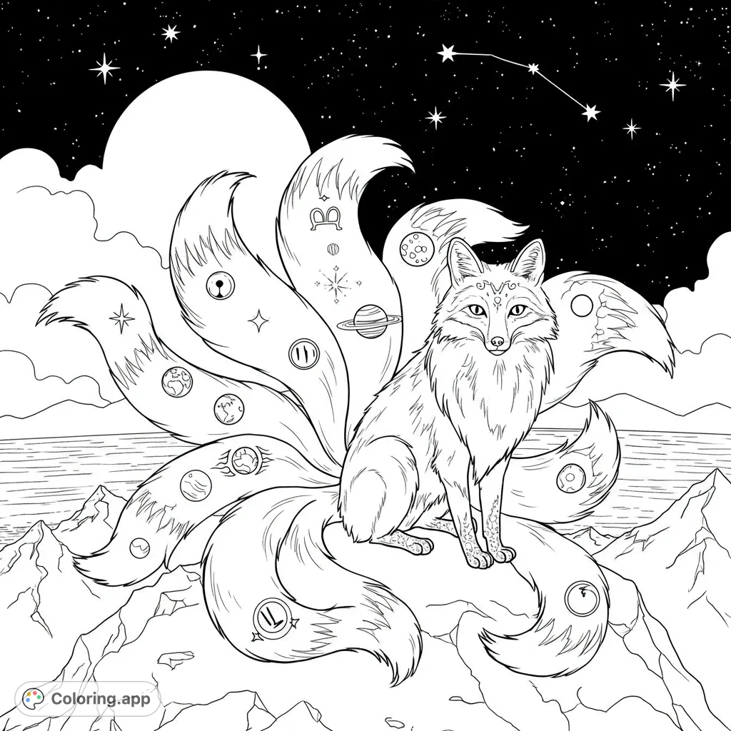 A mystical nine-tailed fox with celestial tails sits under a starry night sky. A free printable cosmic fox coloring page for all ages.