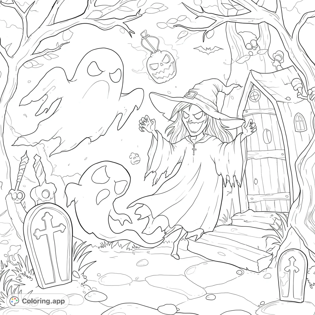 A spooky coloring page featuring scary, glowing ghosts in a fantasy setting. Perfect for kids who love Halloween and magical creatures.