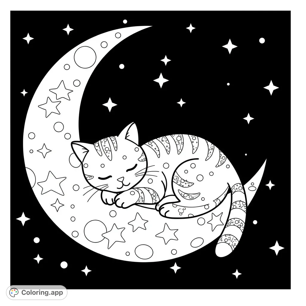 A charming cat sleeps peacefully on a crescent moon adorned with stars and circles, set against a starry night sky. A delightful free printable coloring page.