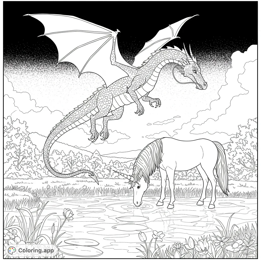 A majestic dragon soaring above a serene lake where a unicorn drinks. This black and white line art coloring page features detailed elements and open spaces for creative coloring.