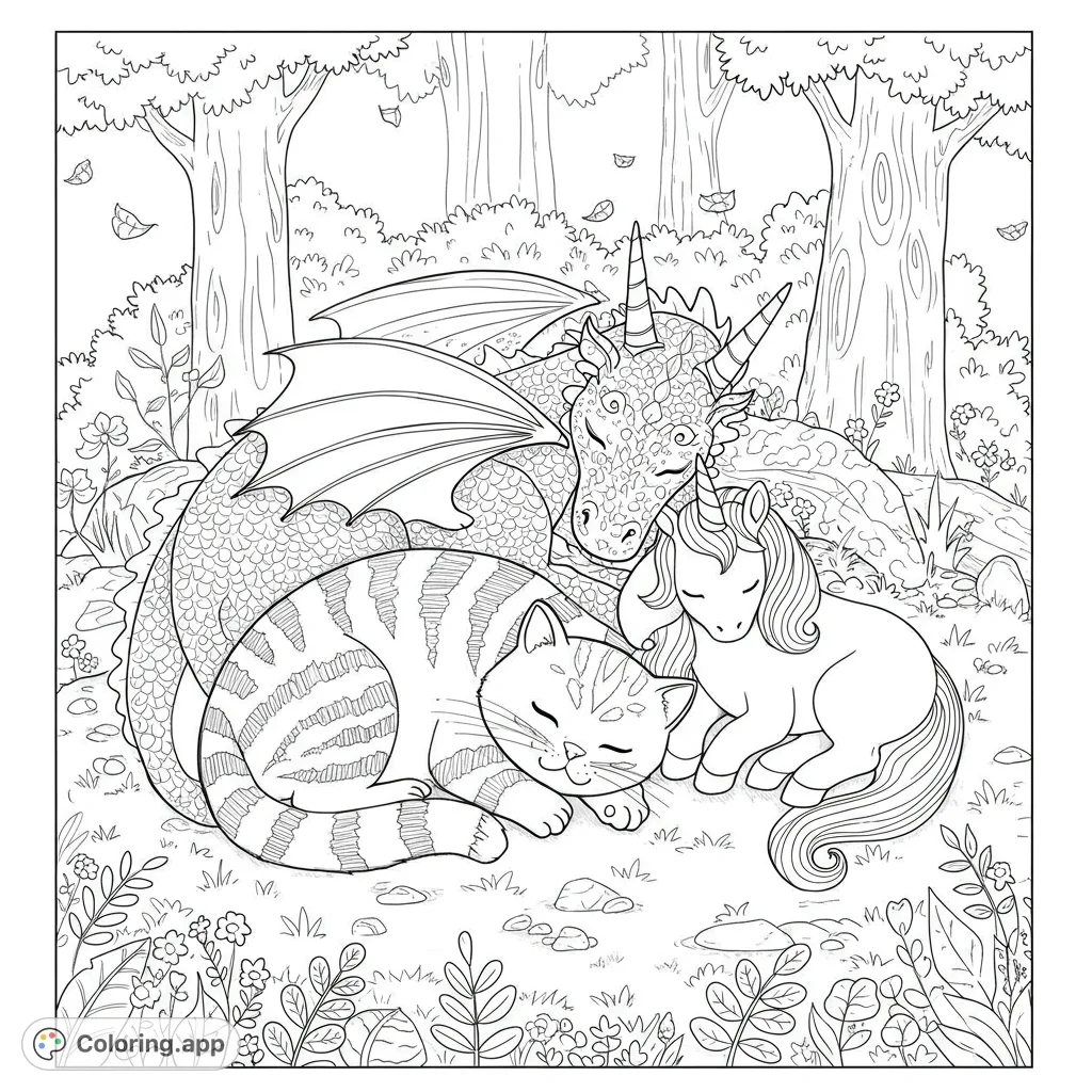 Adorable sleeping cat, dragon, and unicorn in a peaceful forest scene. Detailed black and white line art with open spaces for easy coloring.