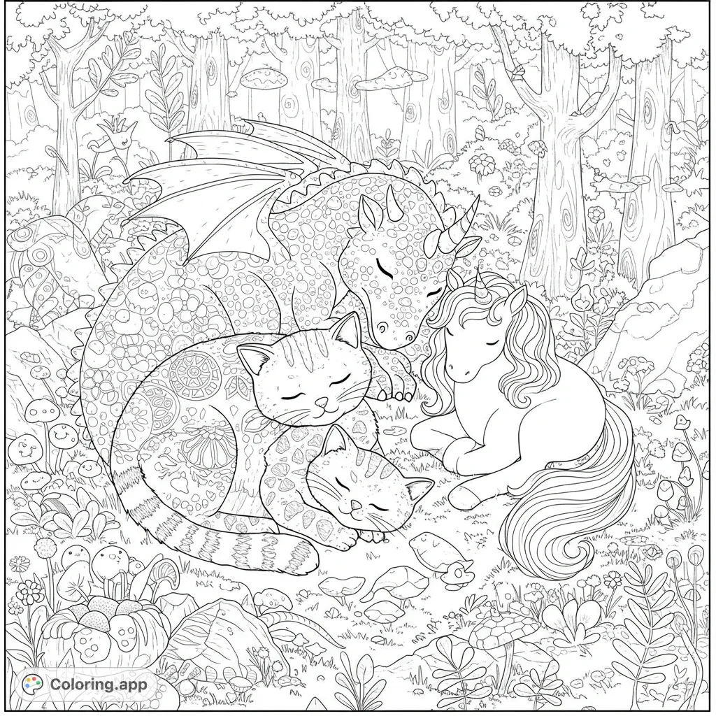 Magical friends sleep soundly in a forest! This enchanting black and white line art features a cat, dragon, and unicorn, perfect for coloring.