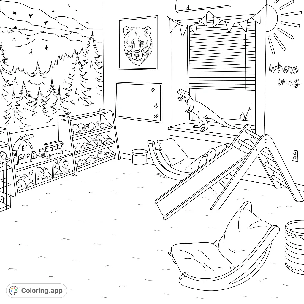A playful kids room with toys, a slide, and a forest mural. A fun coloring page for kids who love imaginative play and nature scenes.