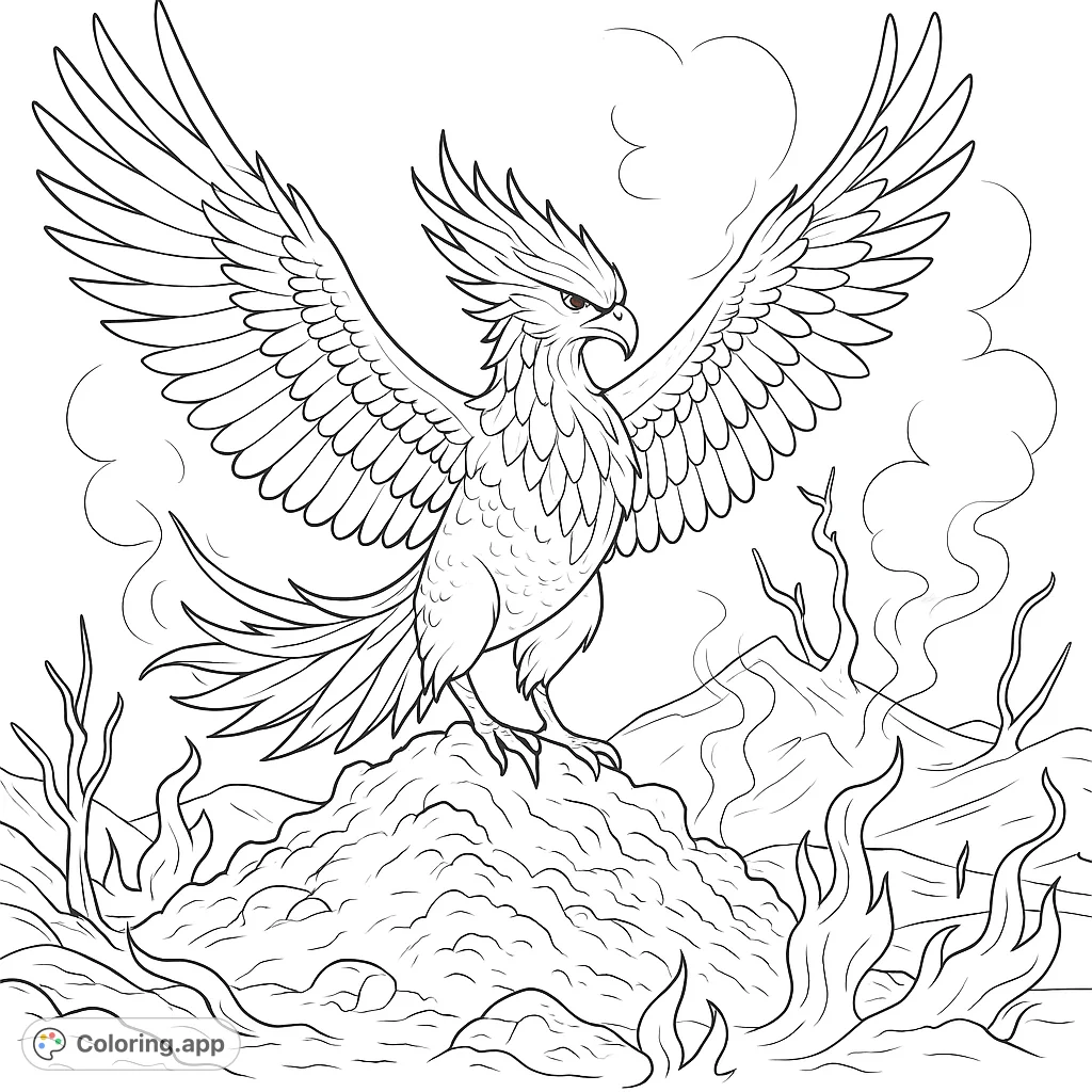A majestic phoenix with outstretched wings stands atop a rocky mound, surrounded by stylized flames and smoke, ready for vibrant coloring.