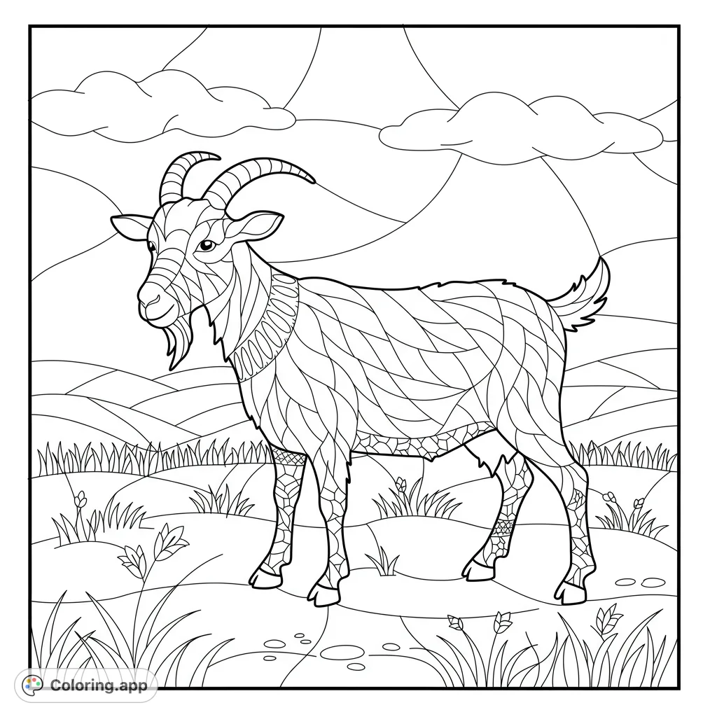 A charming farm goat in a field, rendered in a beautiful stained glass style. Features clean lines and open spaces for easy coloring.