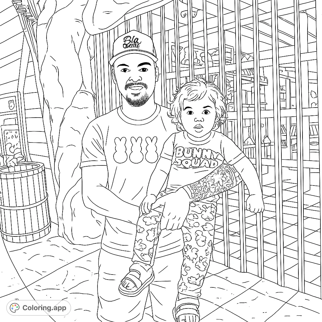 A loving father holds his young child in his arms, creating a heartwarming scene. This coloring page captures a tender moment of family bonding.