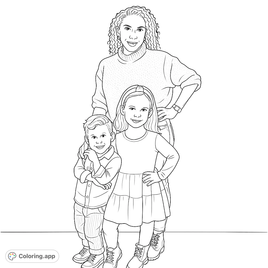 A heartwarming coloring page of a mother with her two children. A beautiful family portrait to color and enjoy.