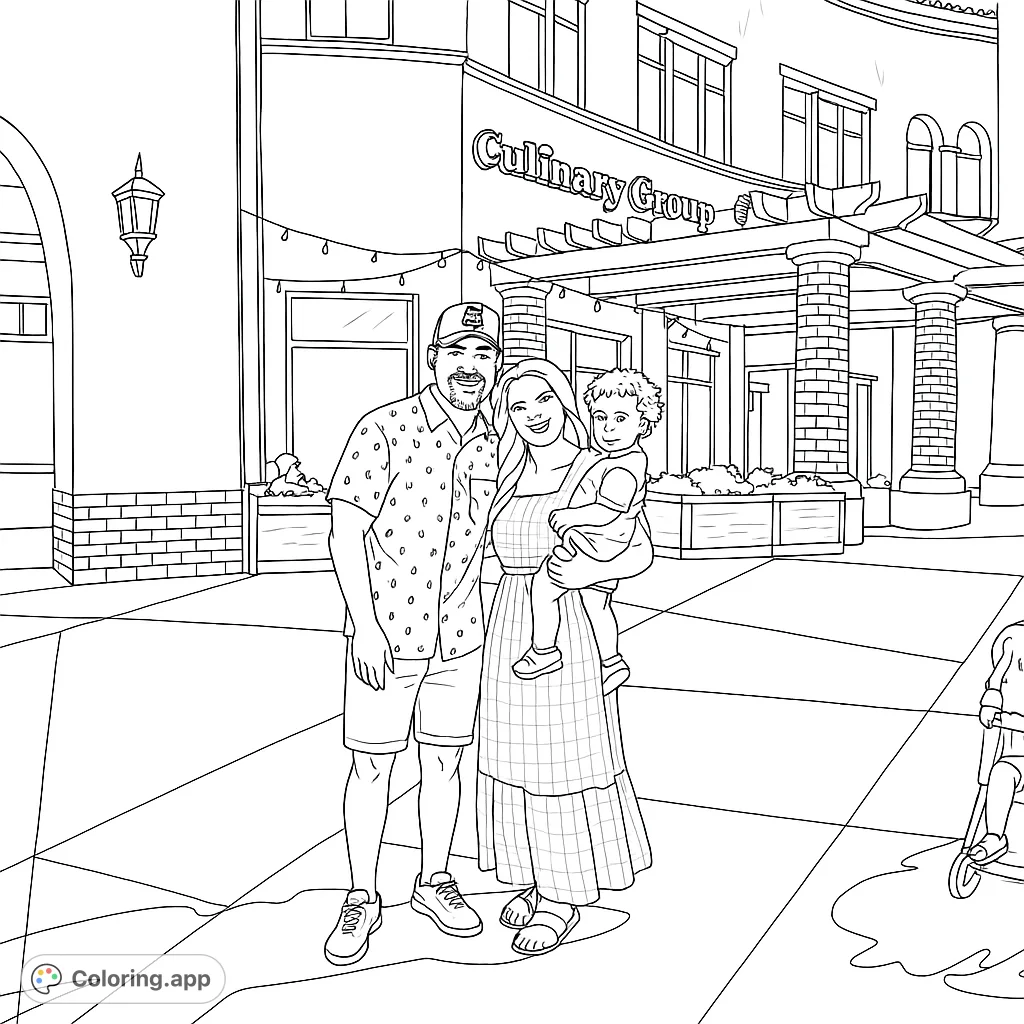 A heartwarming family portrait coloring page featuring a couple and their child in front of a detailed building, perfect for all ages.