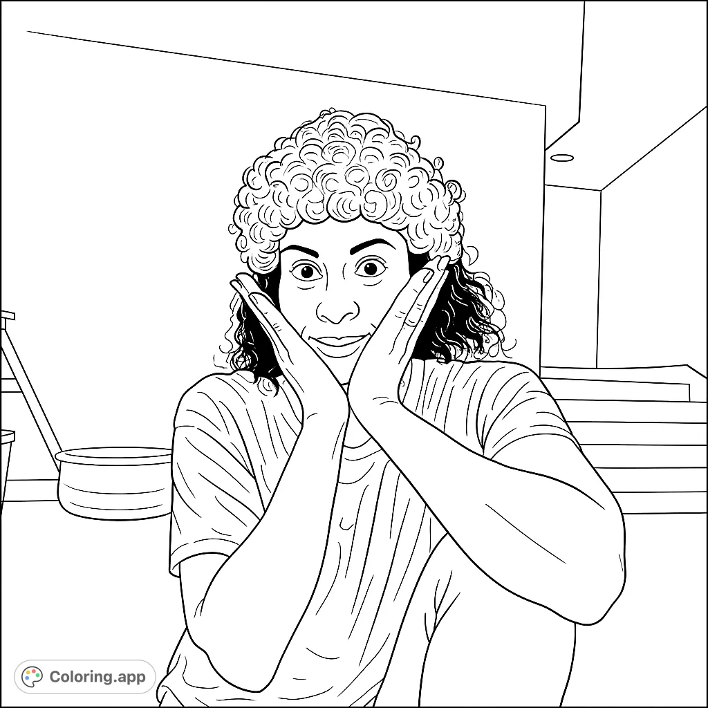 A delightful portrait of a person with curly hair, hands cupping their face, offering a fun and expressive coloring experience for all ages.