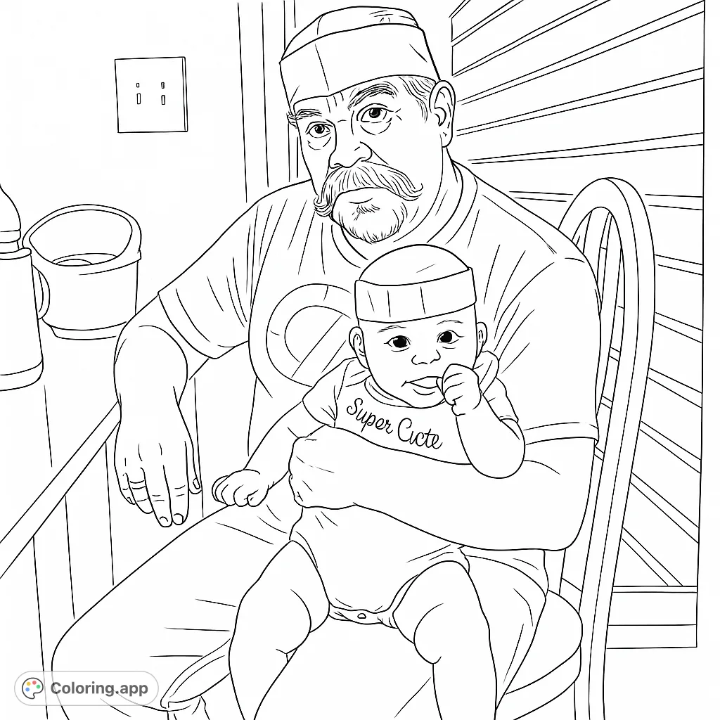 A heartwarming family bonding coloring page featuring a grandfather holding a baby, perfect for all ages. A free printable coloring page.