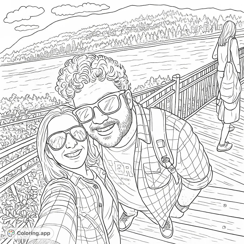 A happy couple captures a selfie on a scenic boardwalk overlooking a river, city skyline, and majestic mountains. A perfect free printable coloring page for all ages.