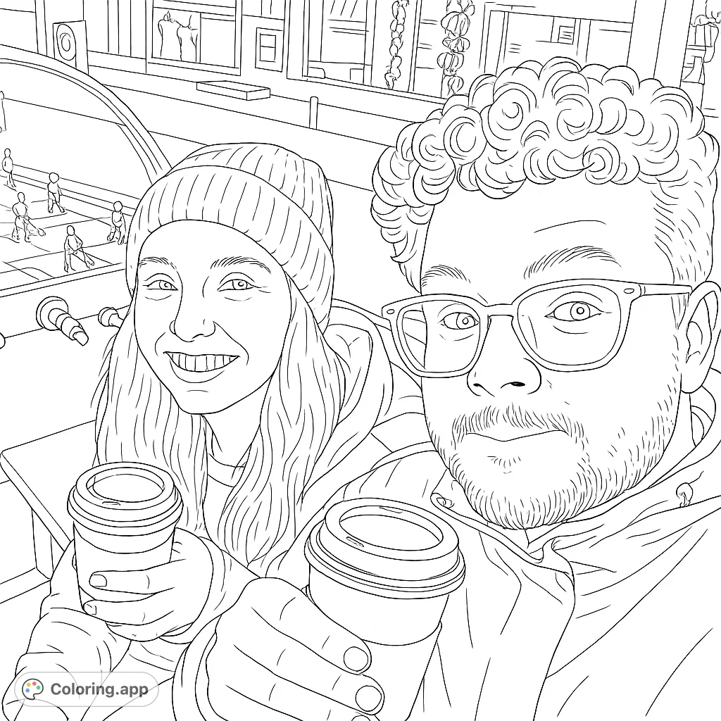A delightful coffee date scene featuring two friends with cups, perfect for a cozy coloring page. Enjoy this free printable coloring page for adults and kids!