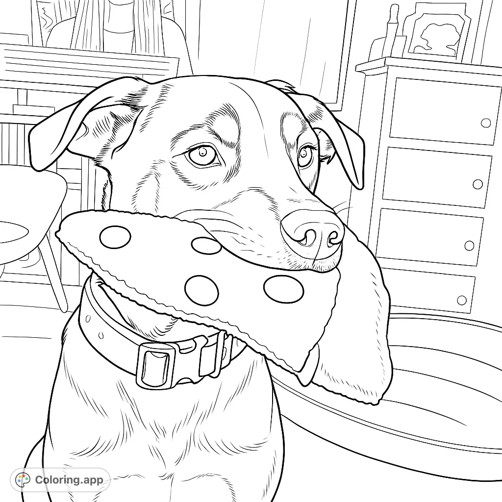 A cute dog holds a slice of pizza in its mouth. This coloring page is perfect for dog and pizza lovers!