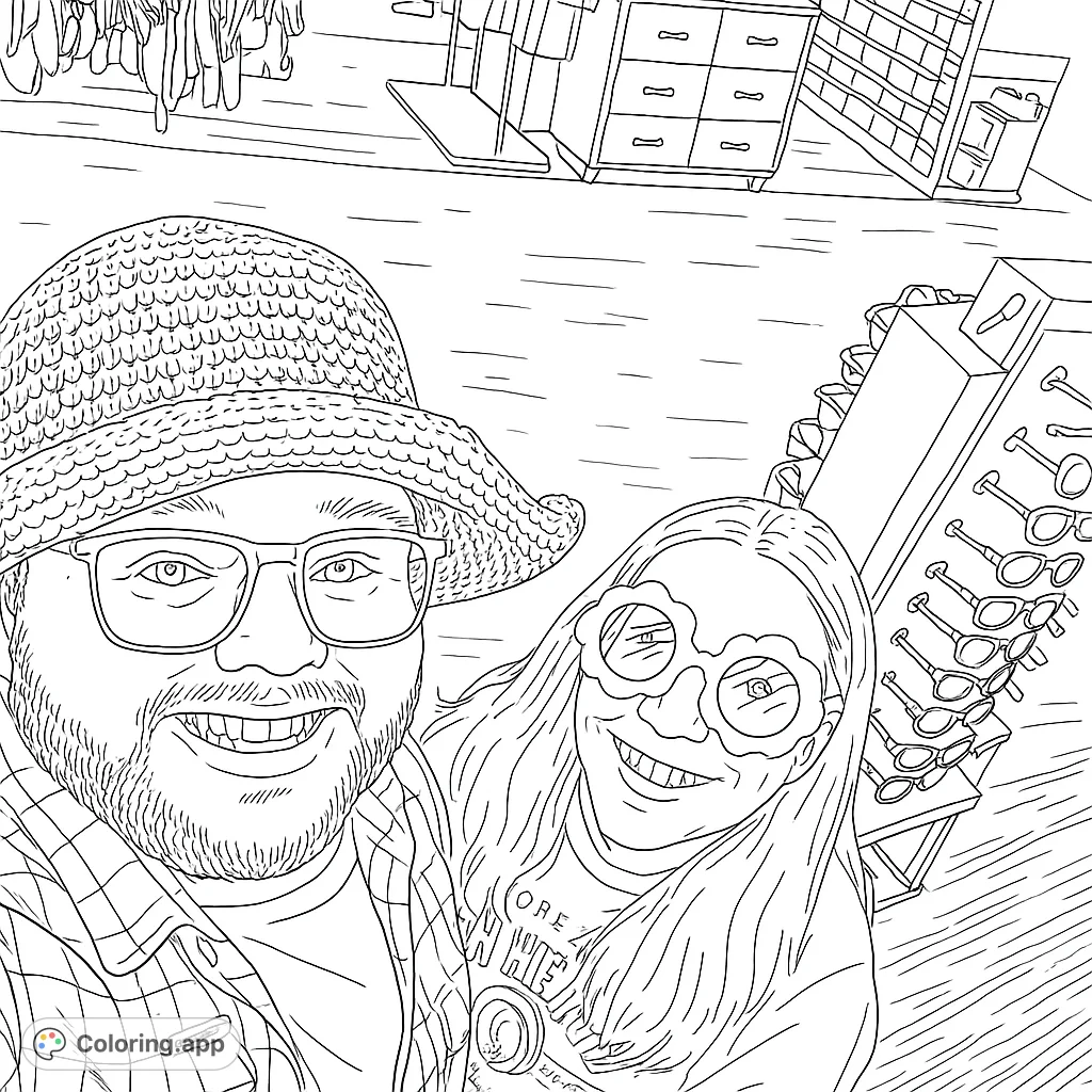 A happy couple smiles for the camera. One wears a straw hat and the other wears flower sunglasses.