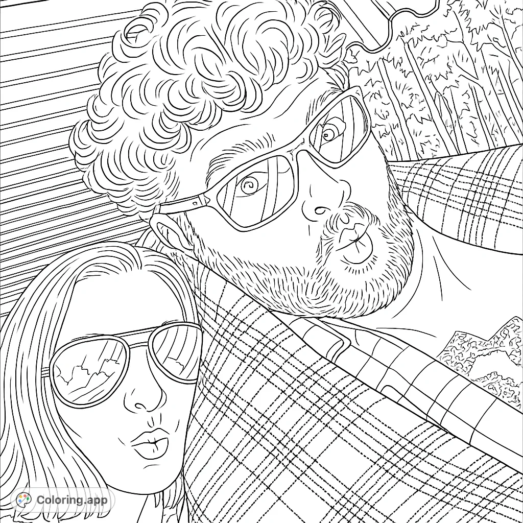 A cute couple wearing sunglasses and making kissy faces. The man is wearing a plaid shirt.