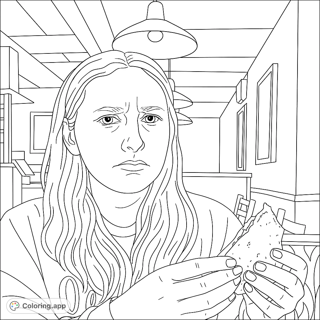 Expressive portrait of a girl eating a quesadilla. Features detailed hair and hands.