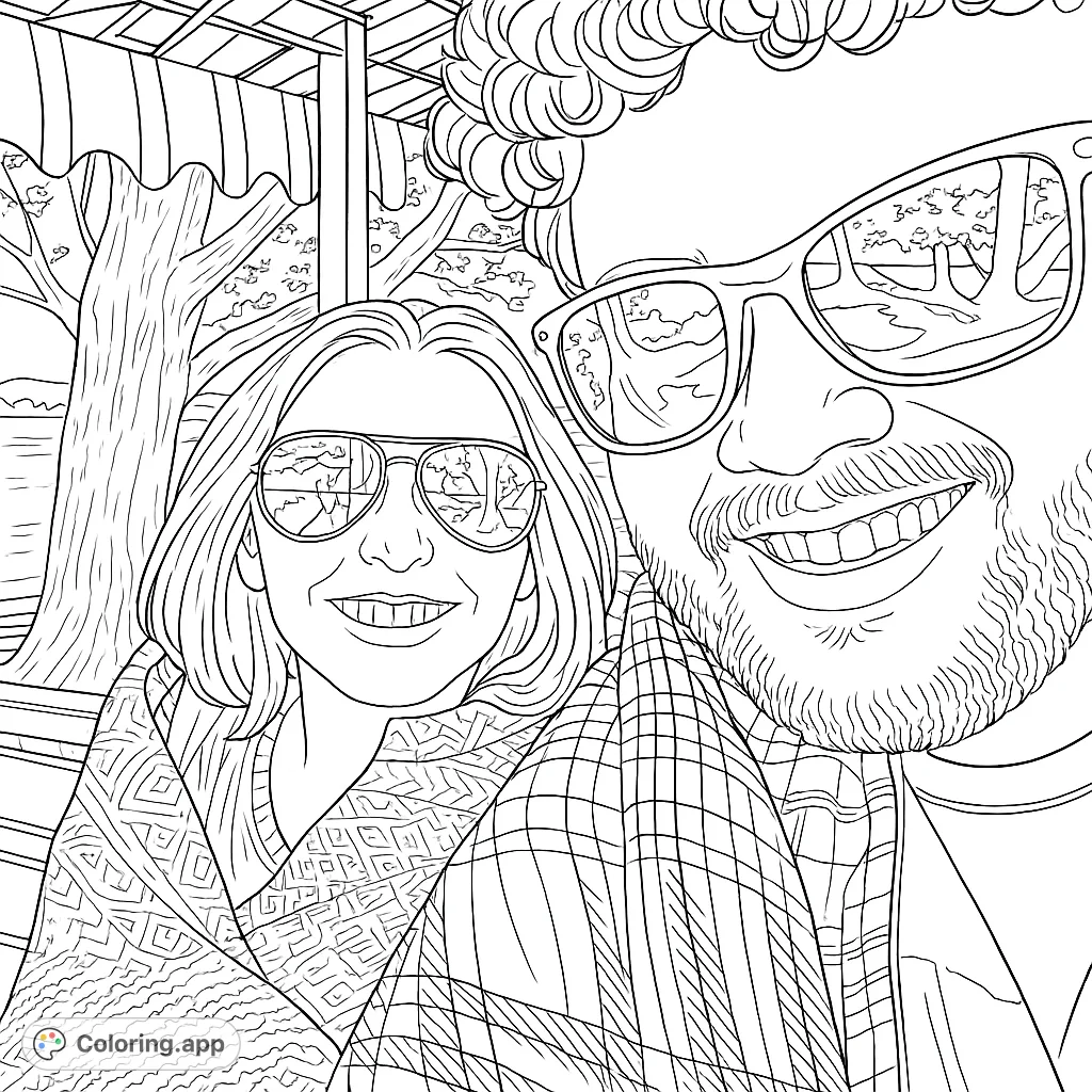 A cozy couple bundled in blankets and wearing sunglasses. A fun coloring page for adults and kids who love travel and outdoor adventures.