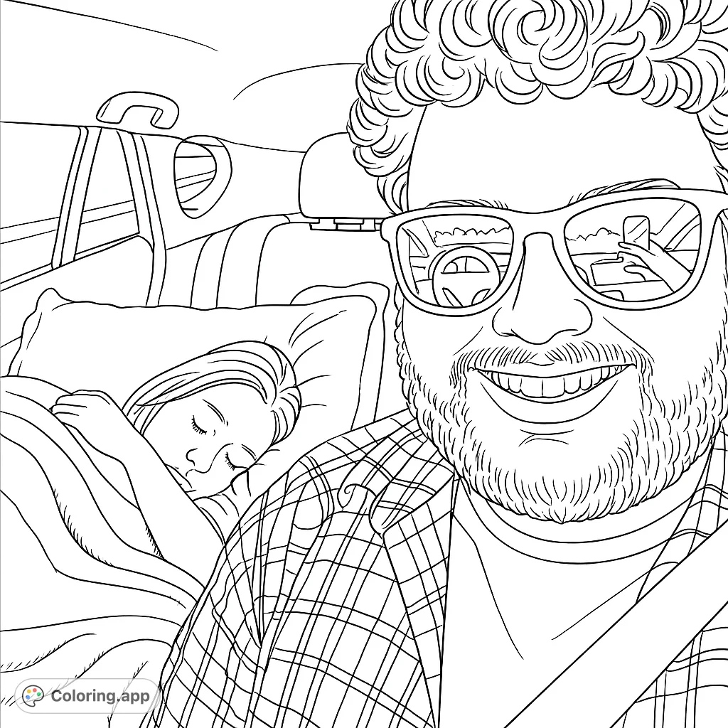 A fun coloring page of a couple on a road trip, one is driving and the other is sleeping in the back seat. Great for older kids and adults.