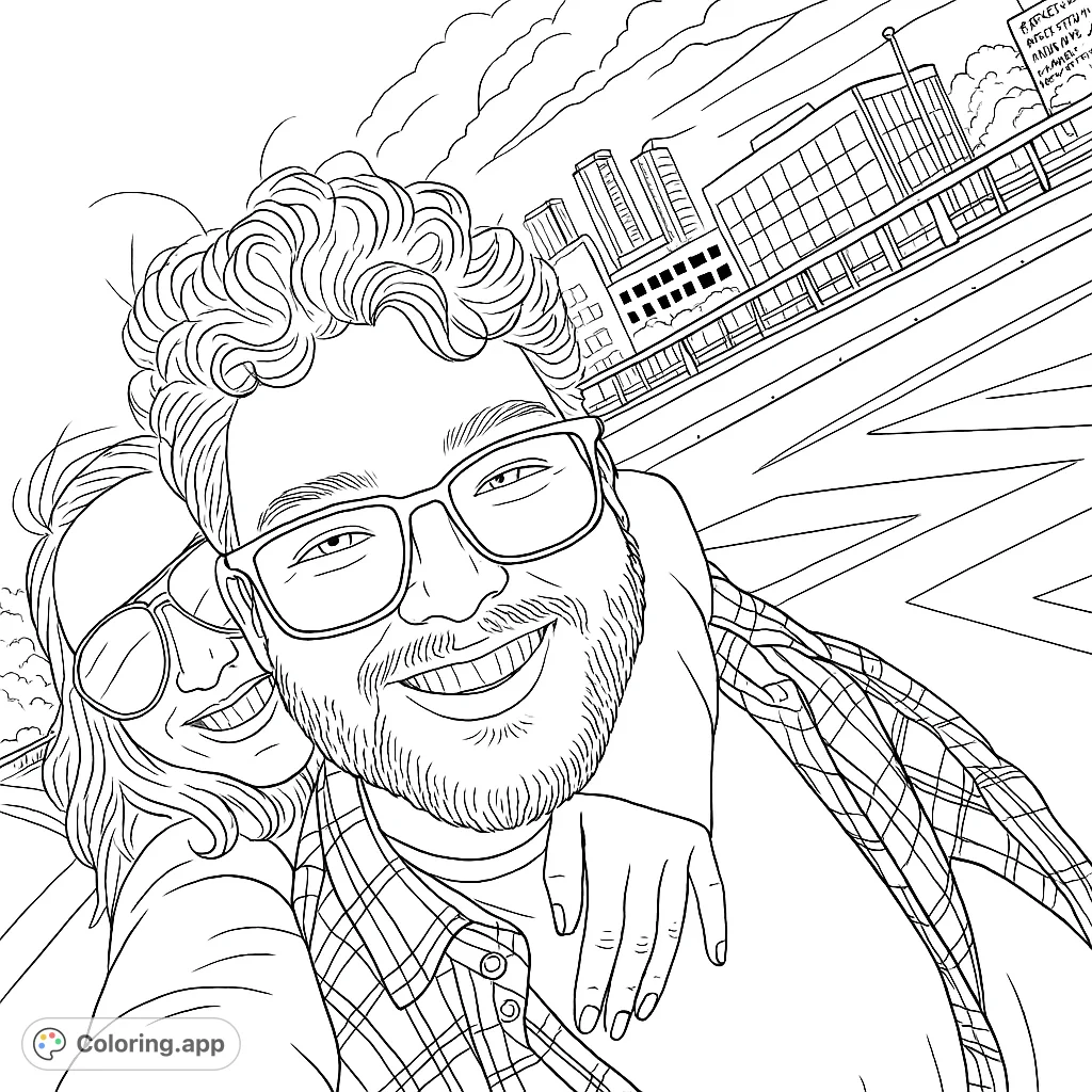 A cute couple smiles for a selfie in front of a city skyline. This coloring page is great for teens and adults who love modern life.