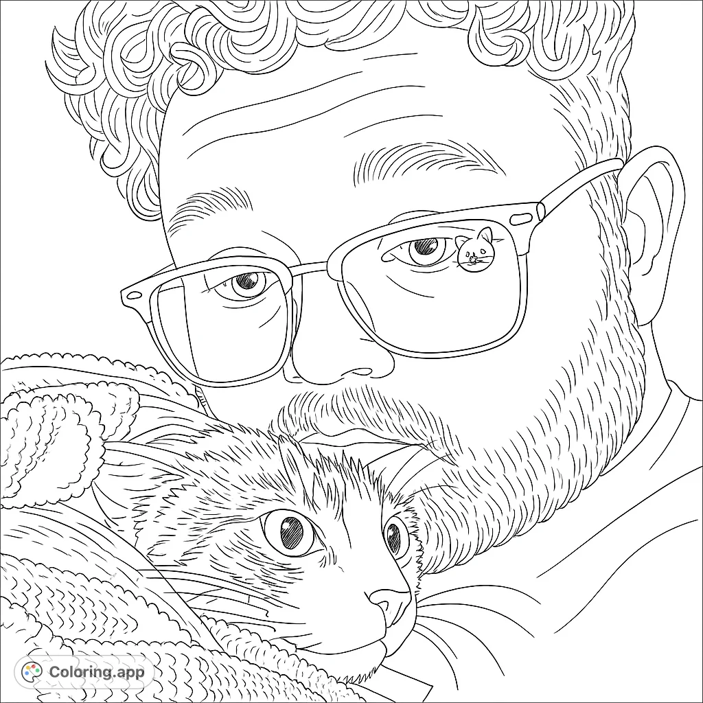 A sweet coloring page of a man cuddling a cat wrapped in a towel. A heartwarming scene to color!