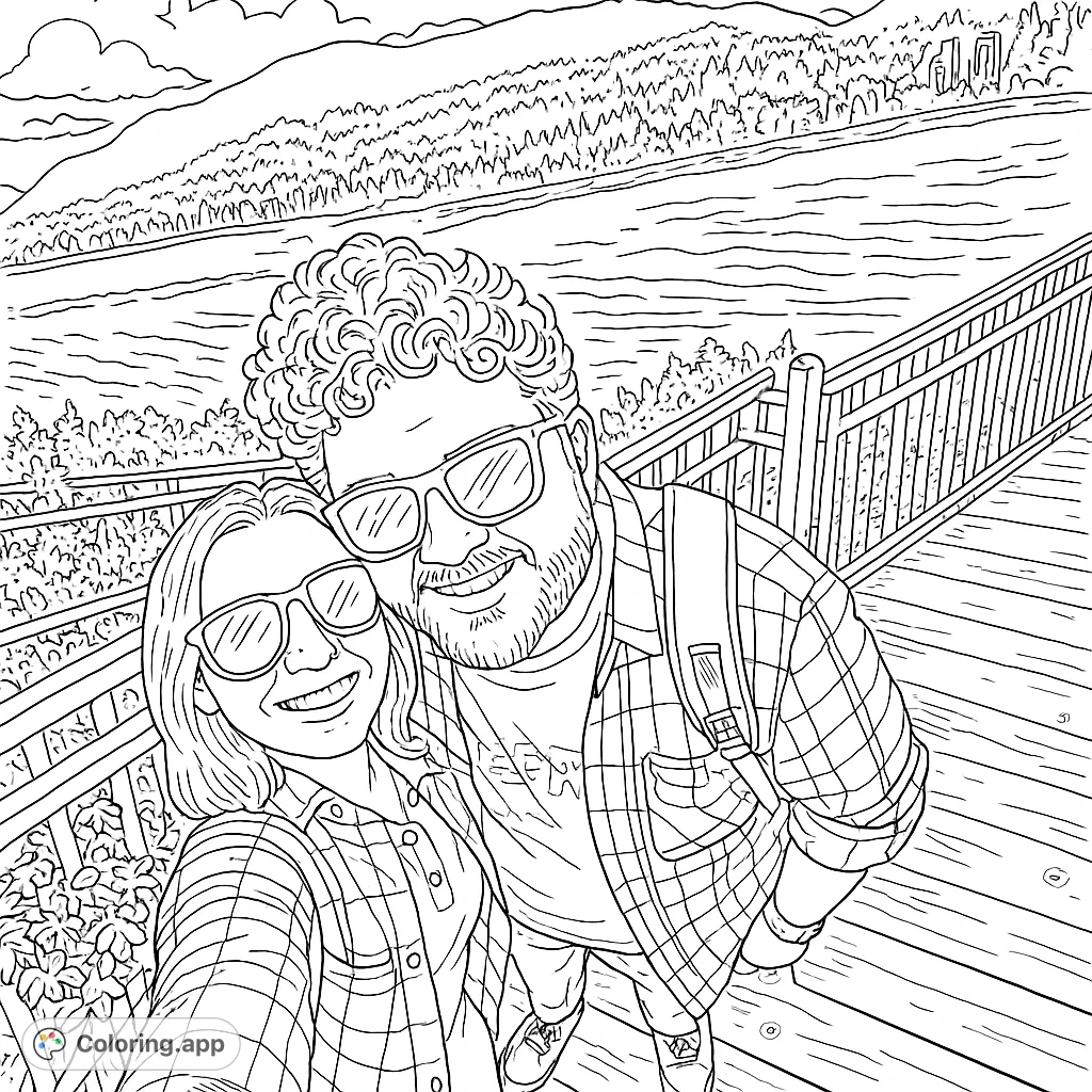 A happy couple takes a selfie with a beautiful mountain and ocean view. A fun coloring page for adults and teens who love travel and adventure.
