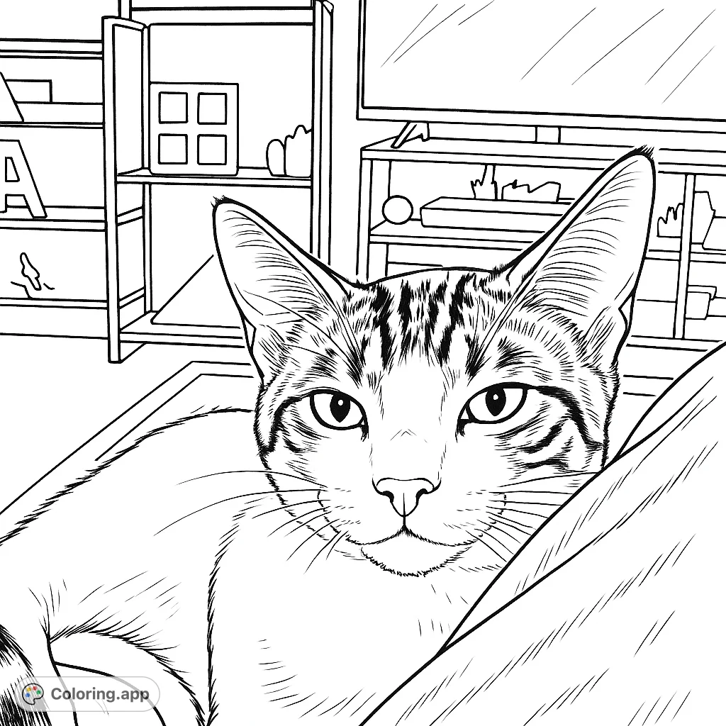 A charming striped cat gazes directly at you from a cozy living room. Perfect for cat lovers, this free printable coloring page offers delightful details for all ages.