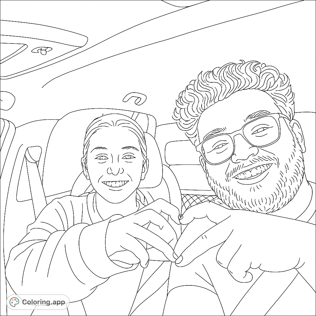 A heartwarming car selfie of a man and child forming a heart with their hands, perfect for family bonding and creative expression.