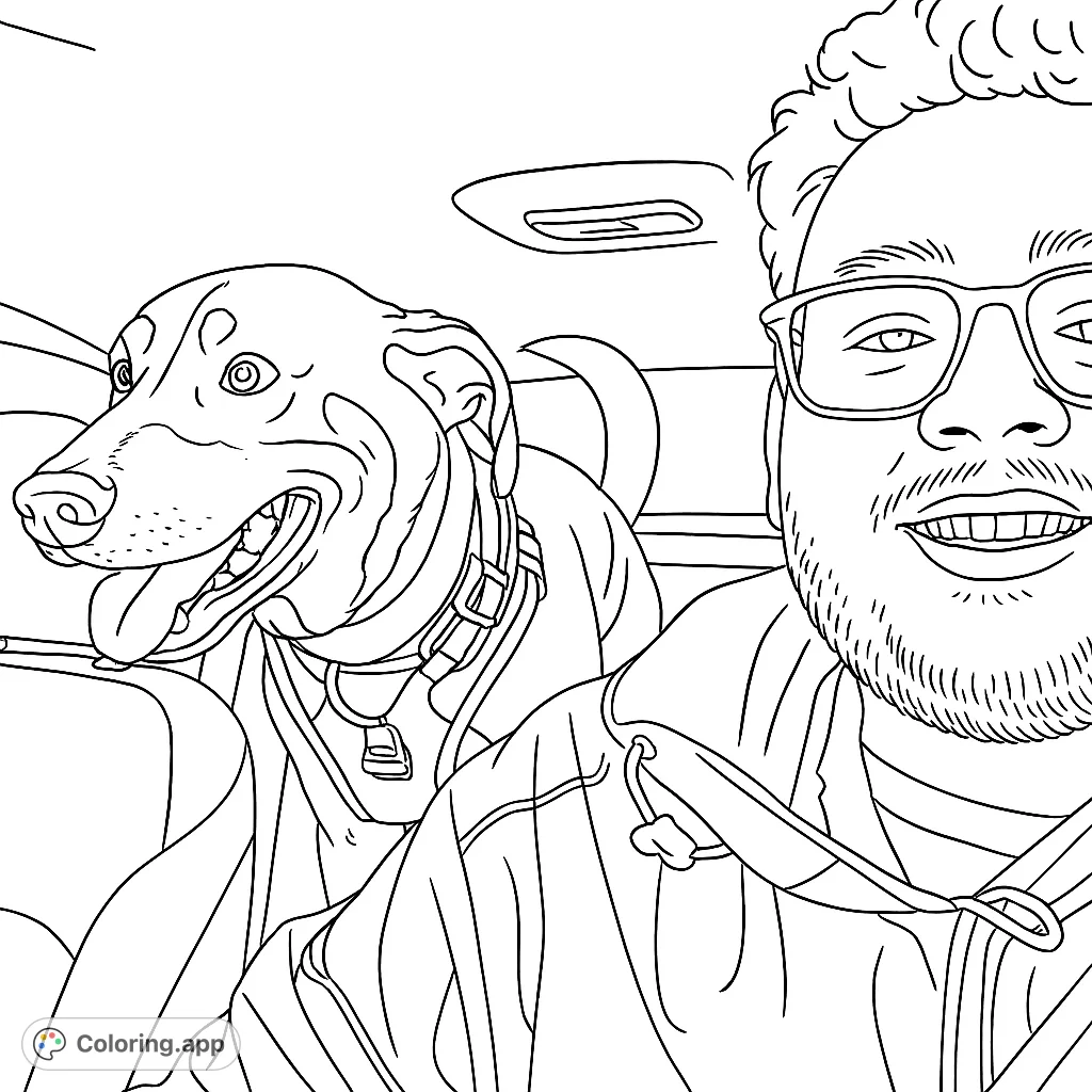 A heartwarming man and dog car ride coloring page, perfect for pet lovers. Features a happy man in glasses and his joyful dog, ready for adventure.