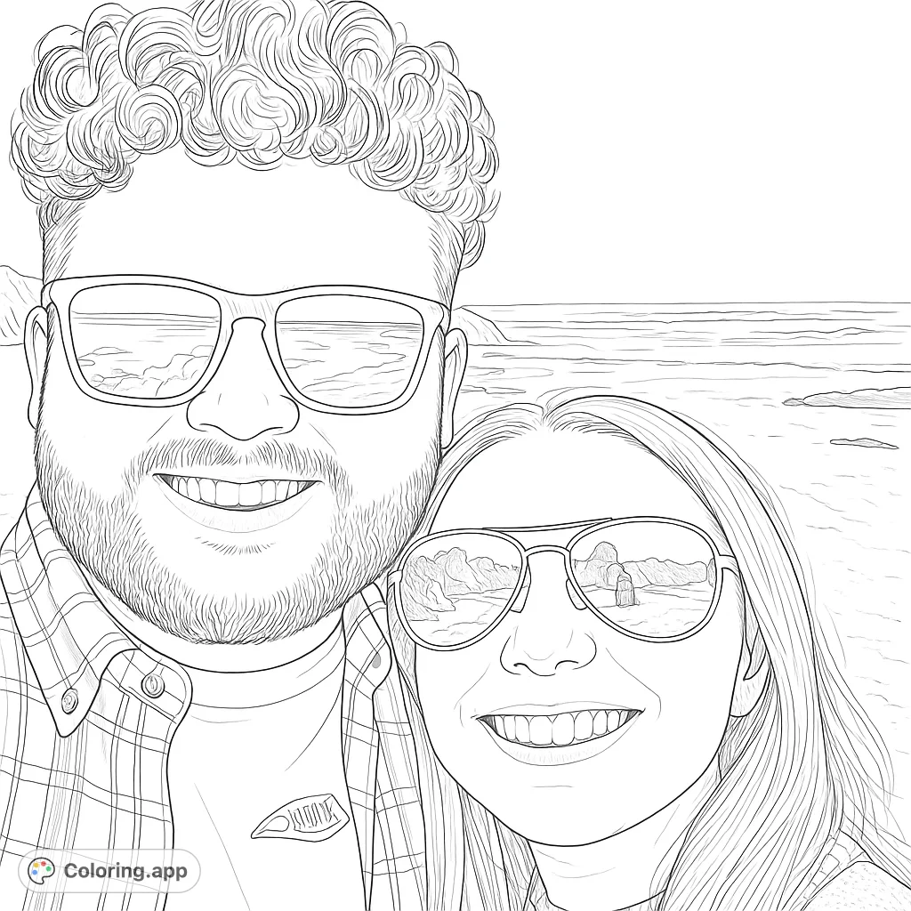 A joyful beach couple coloring page featuring a smiling man and woman in sunglasses, reflecting a detailed ocean scene. Perfect for a fun, personalized coloring experience.