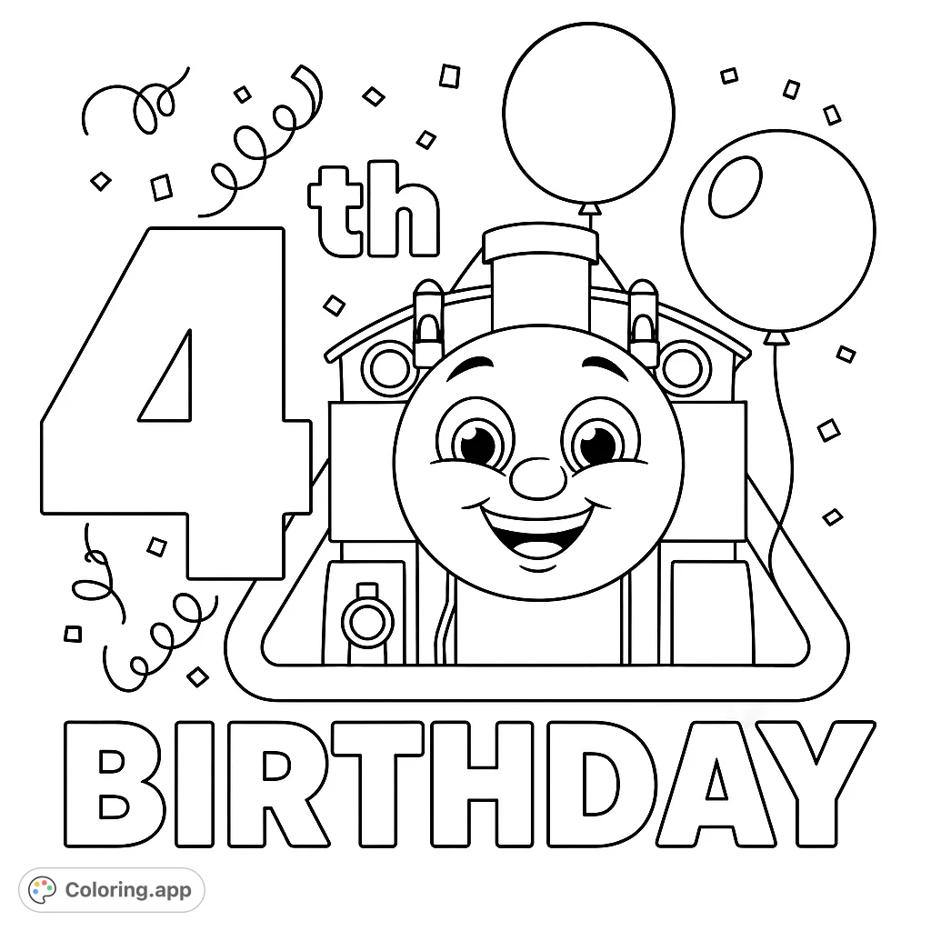 Celebrate a 4th birthday with Thomas the Tank Engine! This fun coloring page features Thomas, balloons, and confetti for a festive party theme.