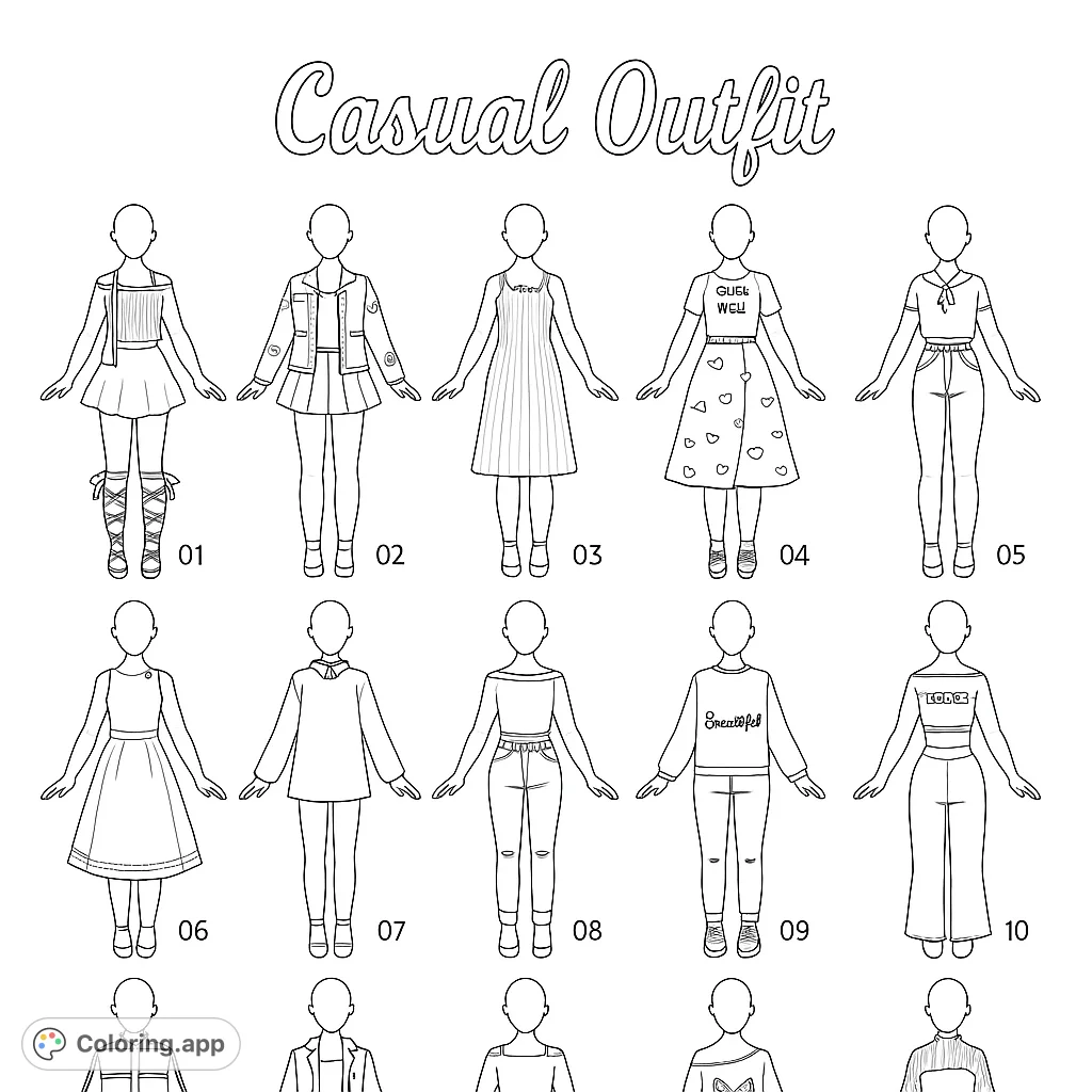 Color this fashion collection! Features 15 unique casual outfit designs.