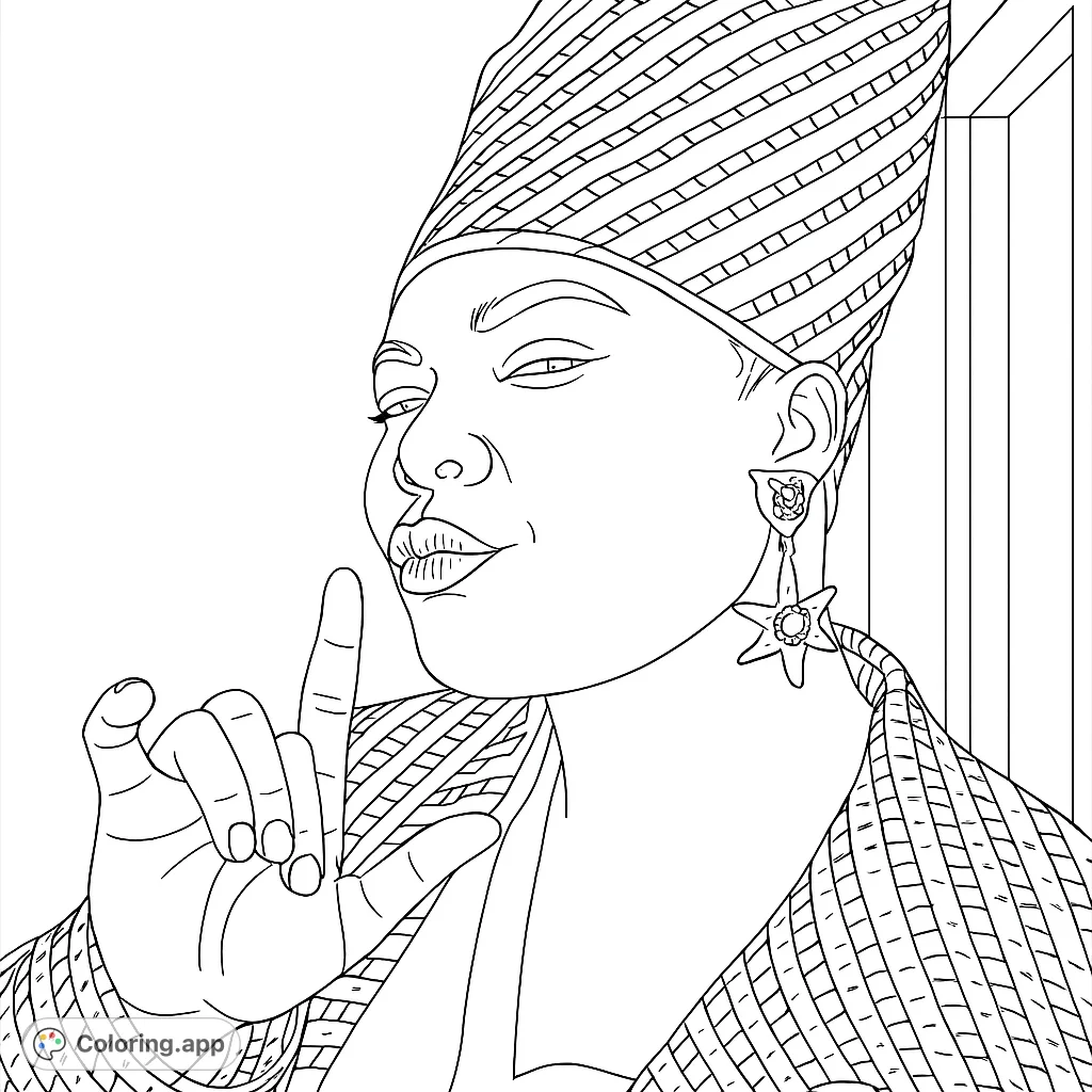An elegant portrait coloring page featuring a woman in a distinctive striped headdress and patterned garment, with a star earring and expressive hand gesture.