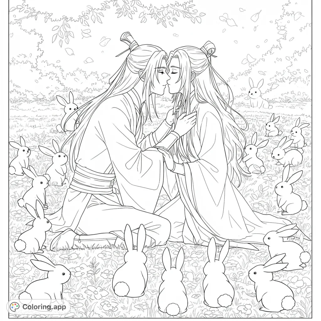A serene romantic embrace between two figures in traditional robes, surrounded by adorable rabbits in a peaceful meadow. A beautiful, free printable coloring page.
