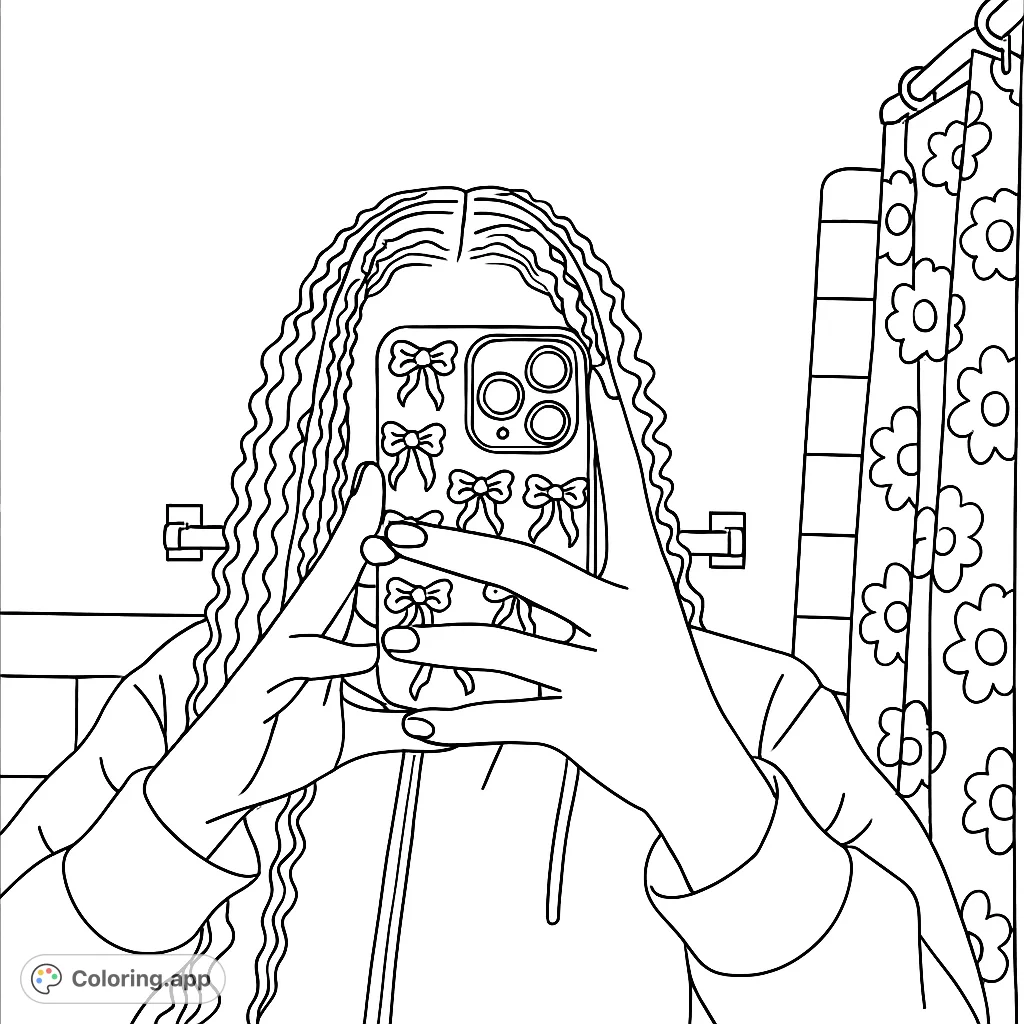 Capture a trendy mirror selfie moment! This free printable coloring page features a person holding a bow-decorated phone, perfect for fashion and tech enthusiasts.