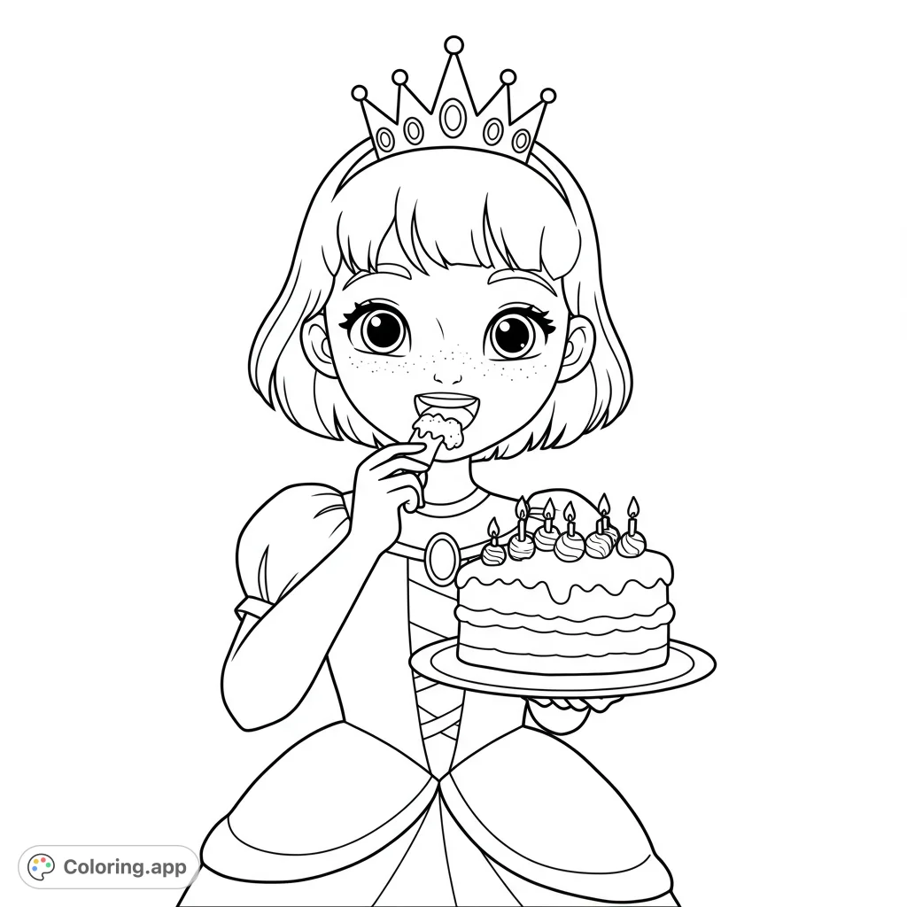 A happy princess with short hair enjoys a delicious cake! This coloring page is perfect for kids who love princesses and sweet treats.