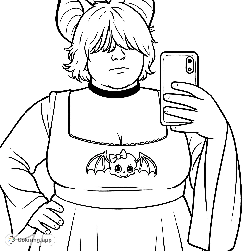 A cute girl with bat ears and a bat skull on her dress. A fun coloring page for Halloween or any time of year!