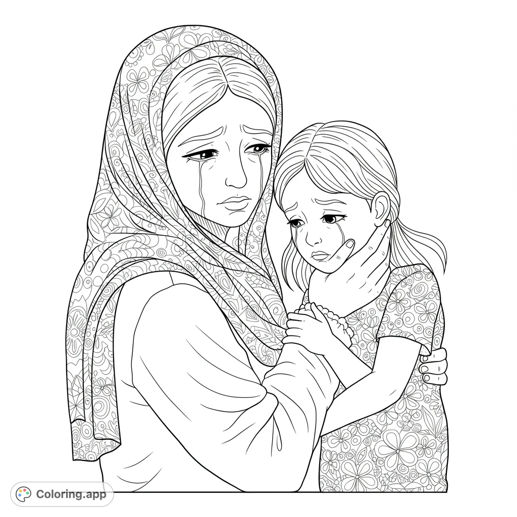 A poignant black and white line drawing of a woman comforting a crying child, featuring intricate patterns on their clothing. Perfect for empathetic coloring.