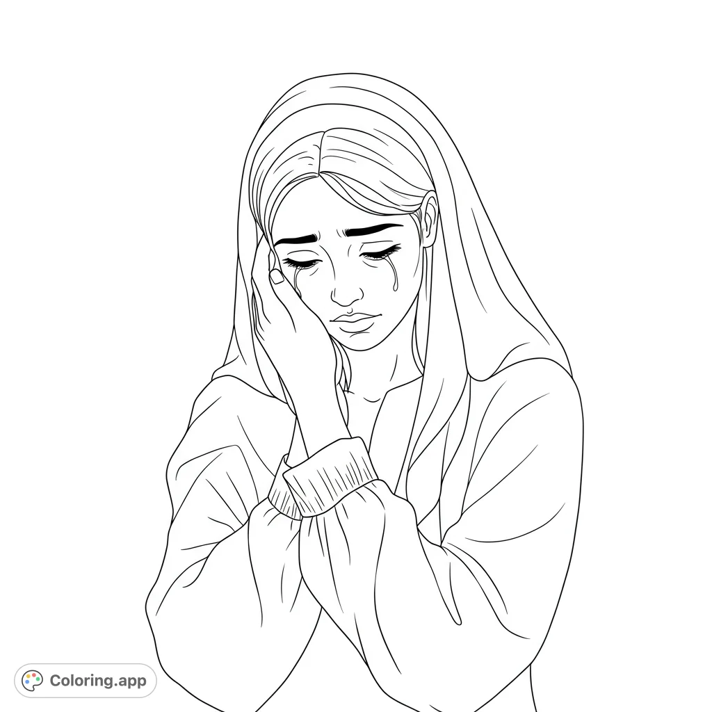 A poignant line drawing of a sorrowful woman, head bowed with tears, evoking deep emotion. Perfect for reflective coloring.